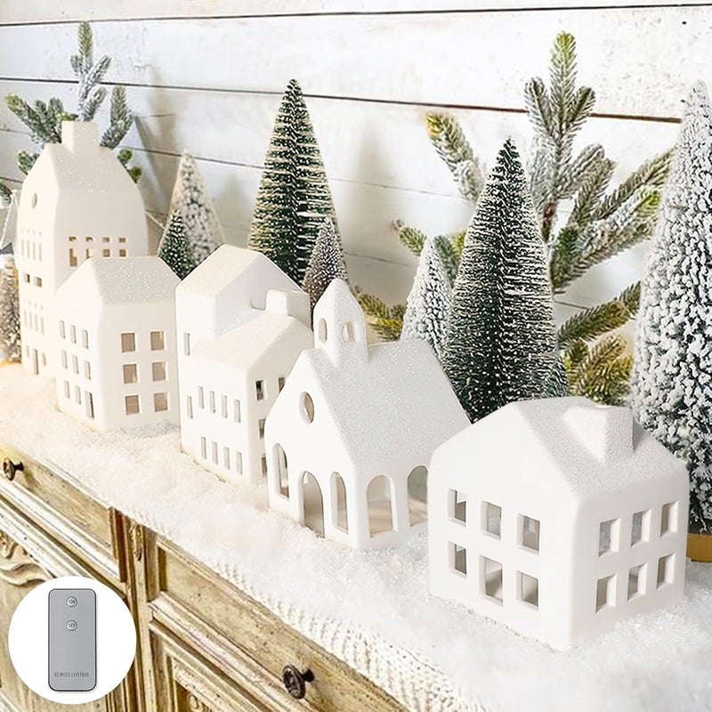 ORIENTAL CHERRY Christmas Decorations - Christmas Village Sets of 5 Lighted Ceramic Houses with Remote Control & 9 Trees - Indoor White Xmas Holiday Rustic Unique Decor for Home Table Room Farmhouse Decoration - Image 1